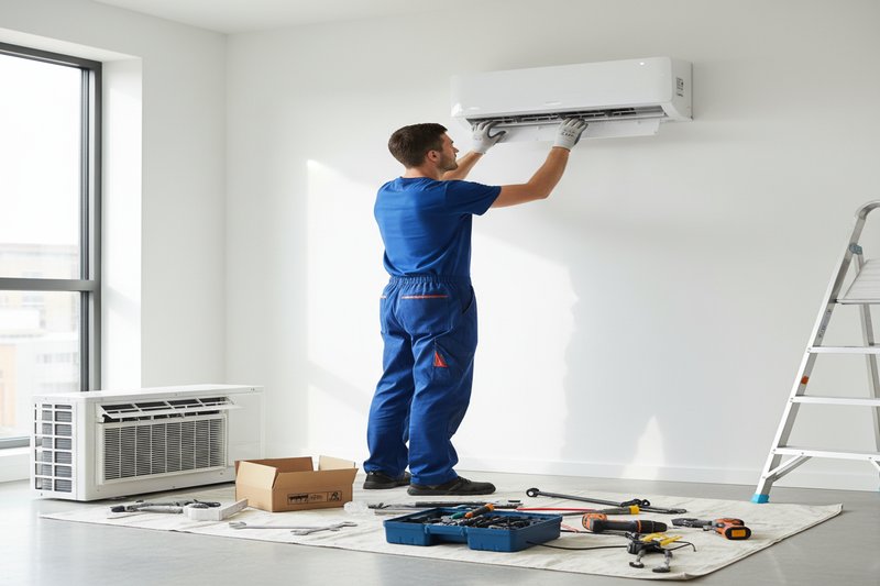 Technicien installant une unité split murale dans une maison moderne