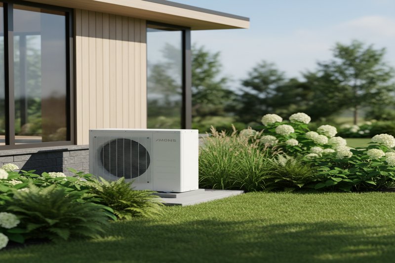 Unité extérieure de climatisation installée dans le jardin d'une maison