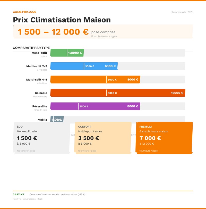 Infographie comparatif prix climatisation : split, gainable, réversible, mobile