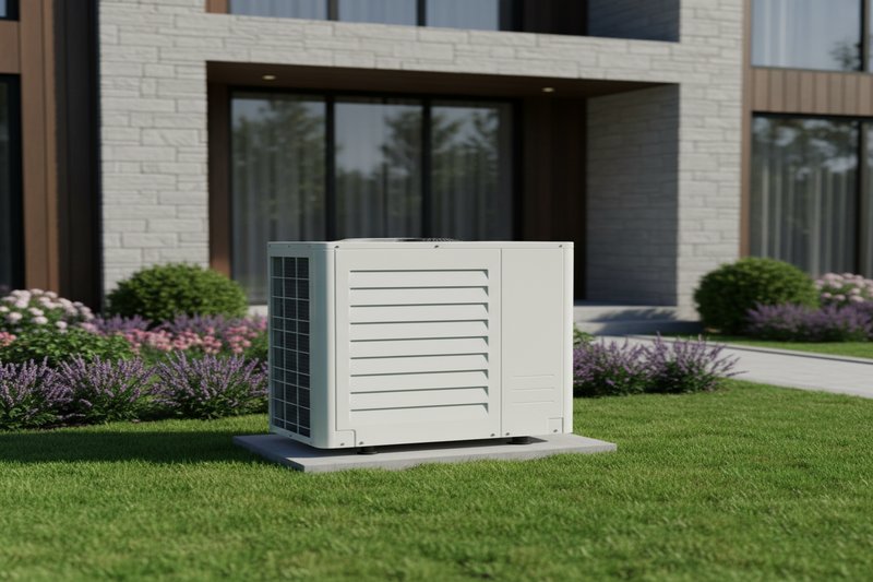 Unité extérieure de pompe à chaleur air-eau dans le jardin d'une maison moderne