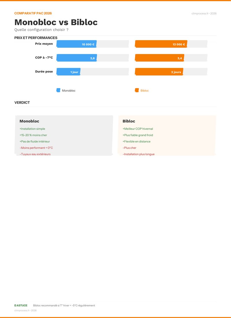 Infographie comparatif monobloc vs bibloc pompe à chaleur air-eau