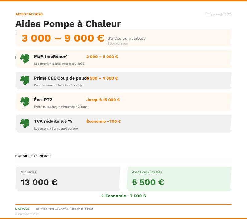 Infographie récapitulatif des aides financières pour pompe à chaleur air-eau 2026
