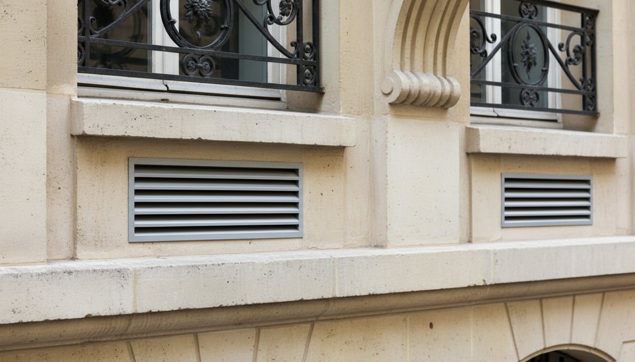 Detail des deux grilles d aeration percees dans la facade pour un climatiseur monobloc sans groupe exterieur