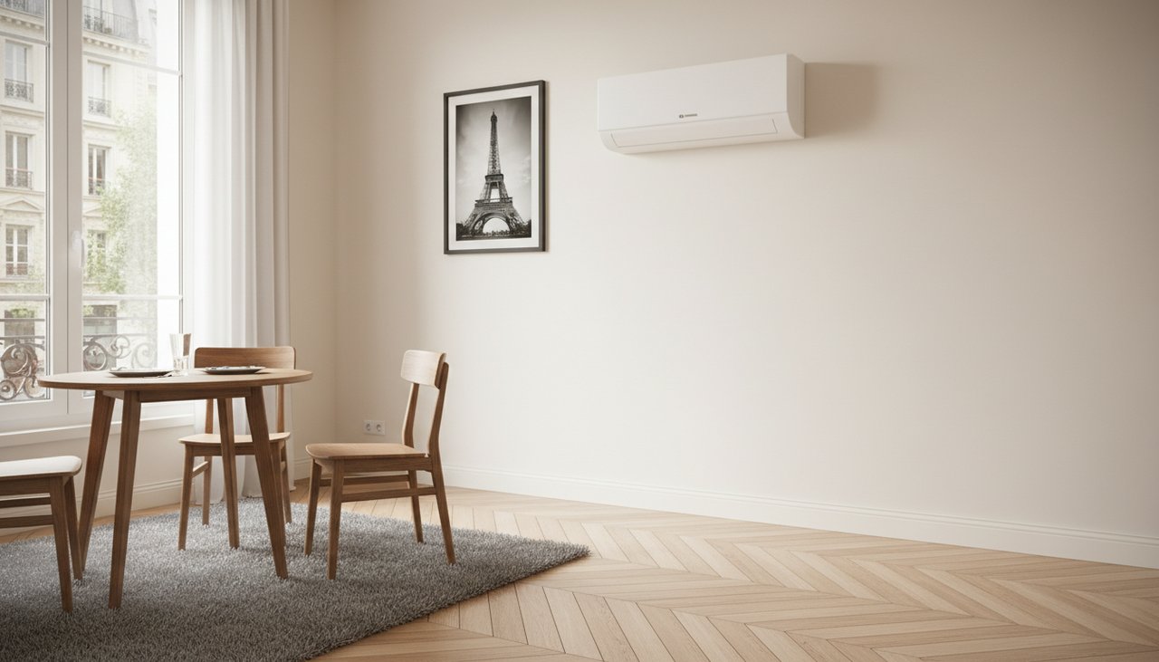 Climatiseur monobloc reversible Olimpia Splendid Unico installe haut sur un mur dans un studio Paris