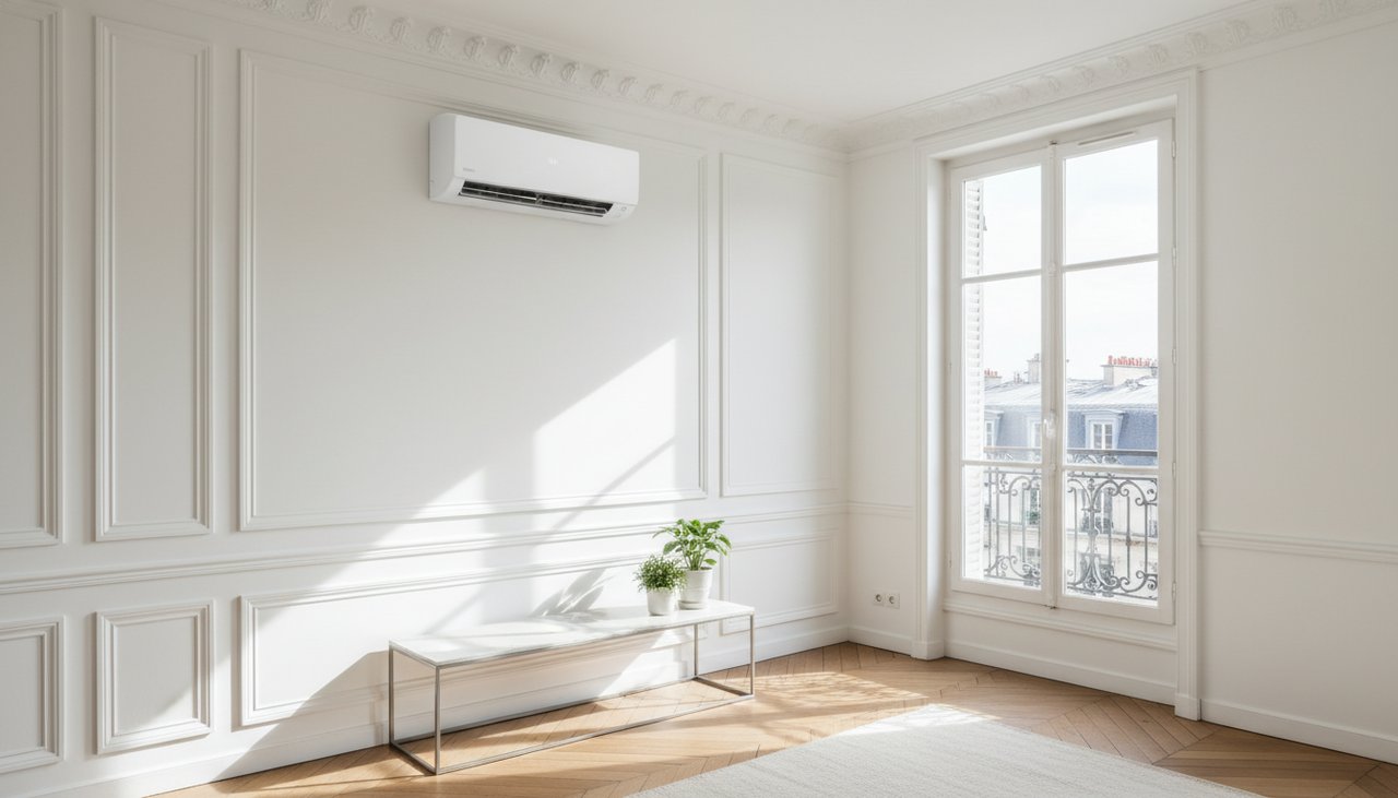 Climatiseur monobloc moderne installe en applique sur un mur de salon parisien hausmannien