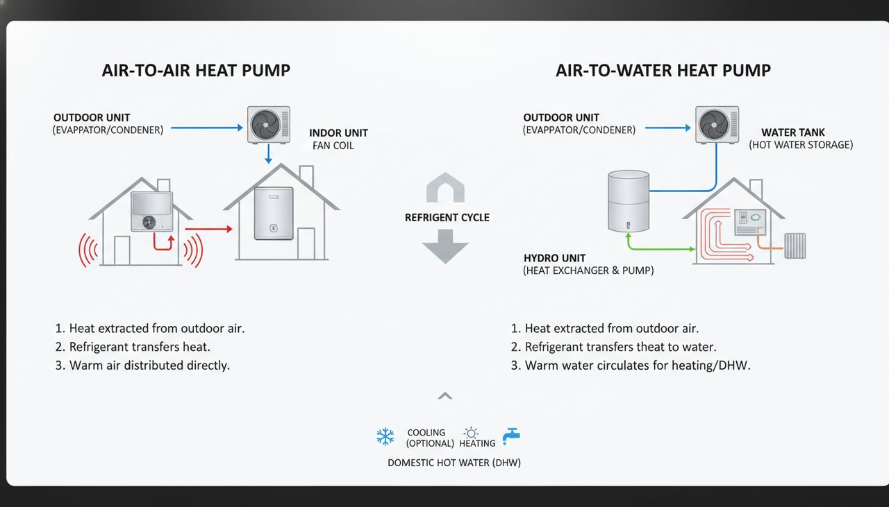 Schema technique comparant pompe a chaleur air-air et air-eau avec leurs circuits respectifs