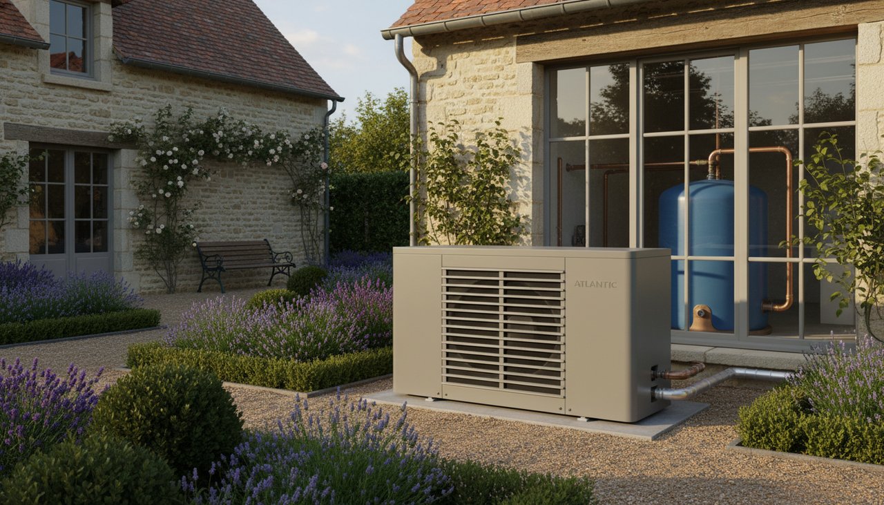 Pompe a chaleur air-eau Atlantic installee dans un jardin avec ballon tampon visible dans local technique