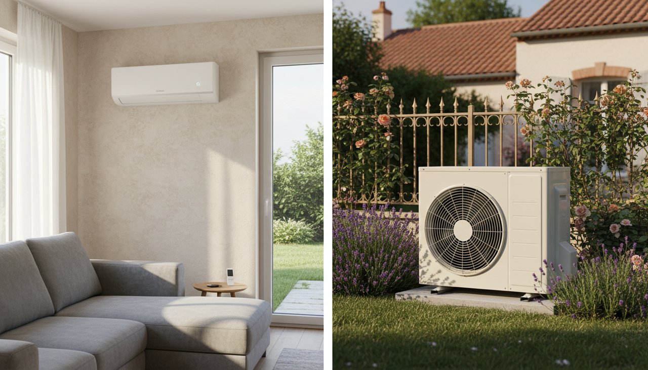 Comparaison cote a cote d une unite climatisation murale et d une pompe a chaleur exterieure dans un jardin pavillonnaire