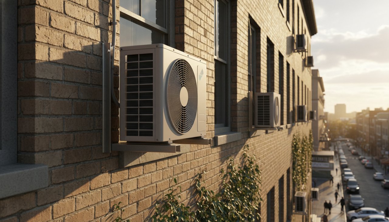 Unité extérieure de climatisation split posée sur support mural d'une façade d'appartement