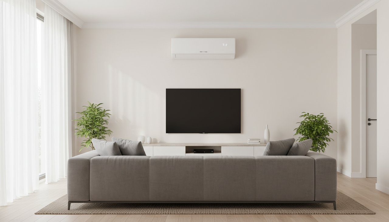 Unité intérieure de climatisation split murale blanche installée dans un salon lumineux