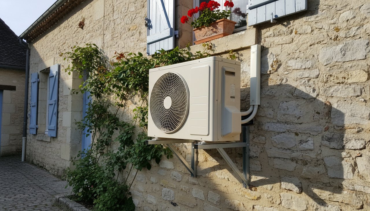 Unité extérieure climatisation installée sur mur de maison française