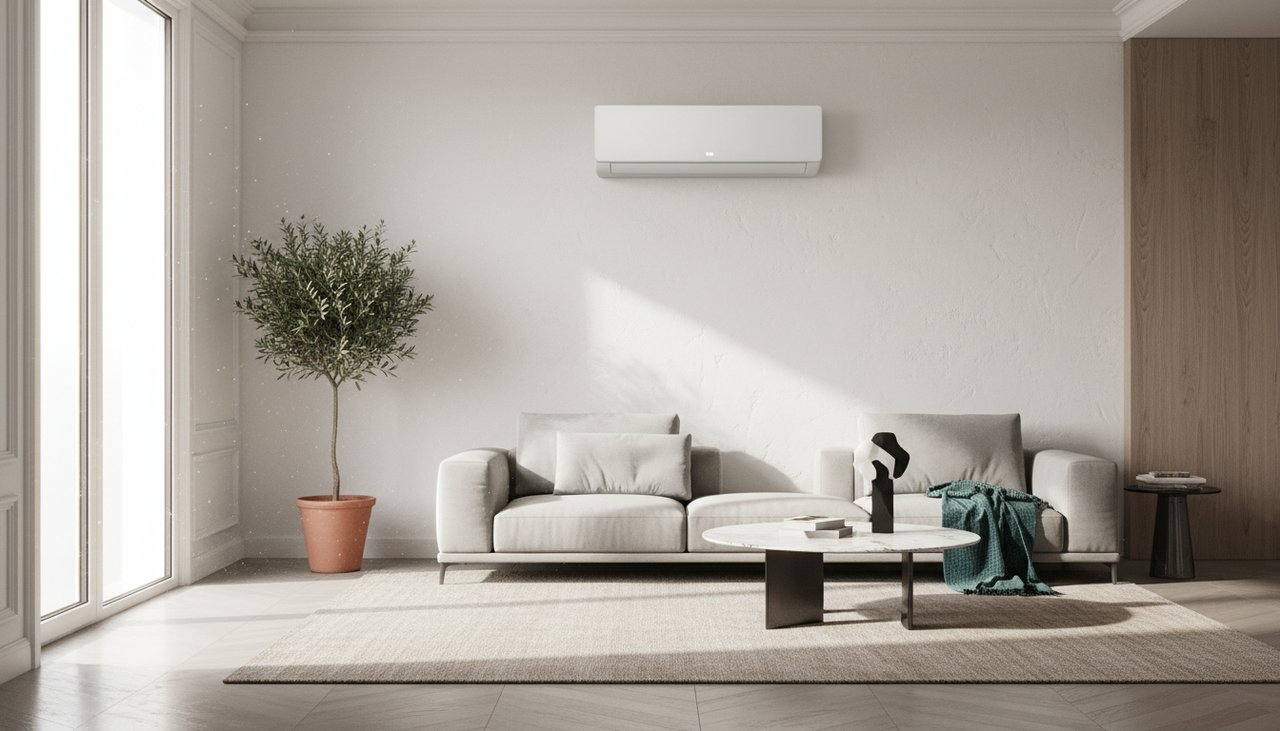 Climatisation murale moderne dans un salon contemporain en France