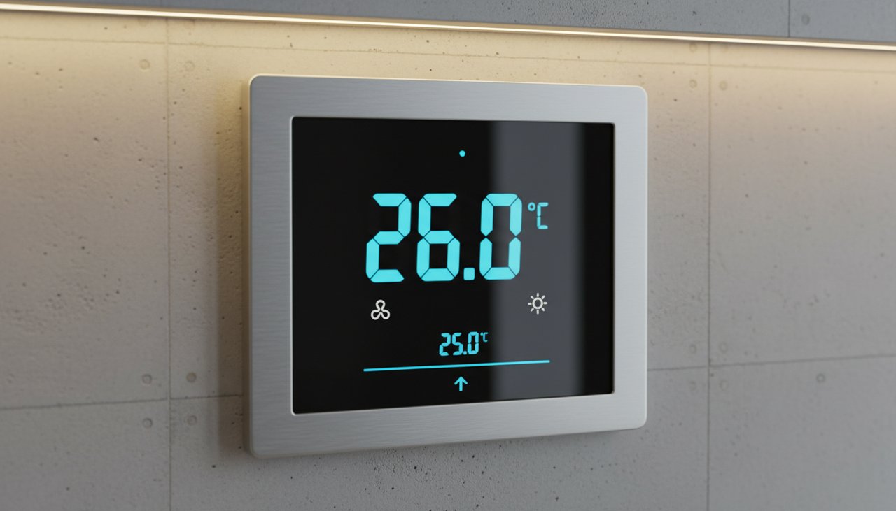 Thermostat connecte sur mur affichant 26 degres avec interface tactile moderne