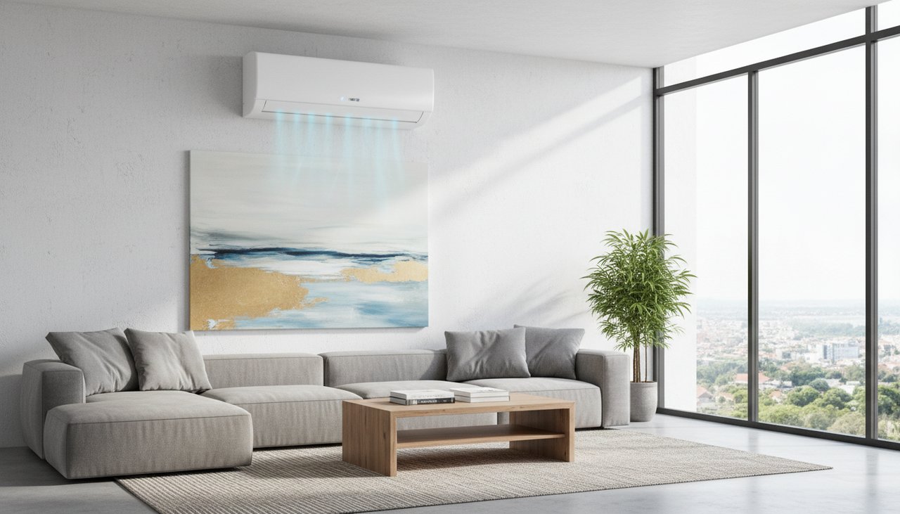Unite interieure de climatisation moderne dans un salon avec compteur d'electricite affichant la consommation