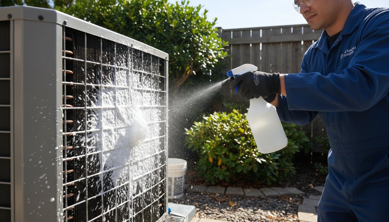 Technicien nettoyant l'echangeur d'une unite exterieure climatisation avec produit specifique