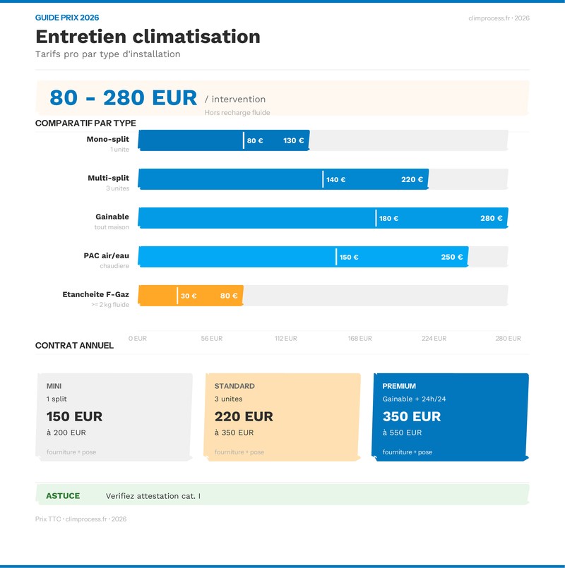Infographie : prix entretien climatisation 2026 par type