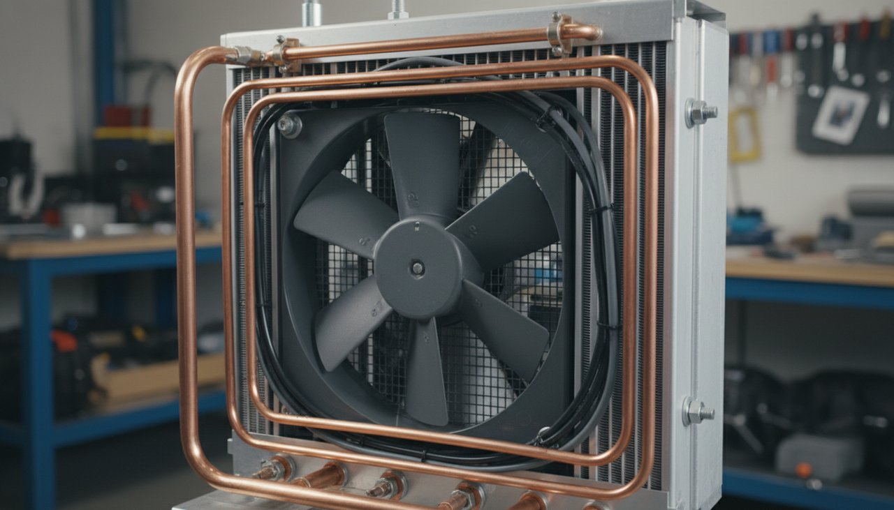 Détail technique d'un chauffe-eau thermodynamique avec évaporateur et ventilateur visible