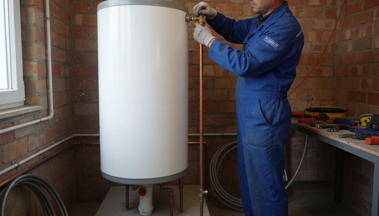 Ballon d'eau chaude 200 litres installé dans une buanderie d'une maison française par un plombier