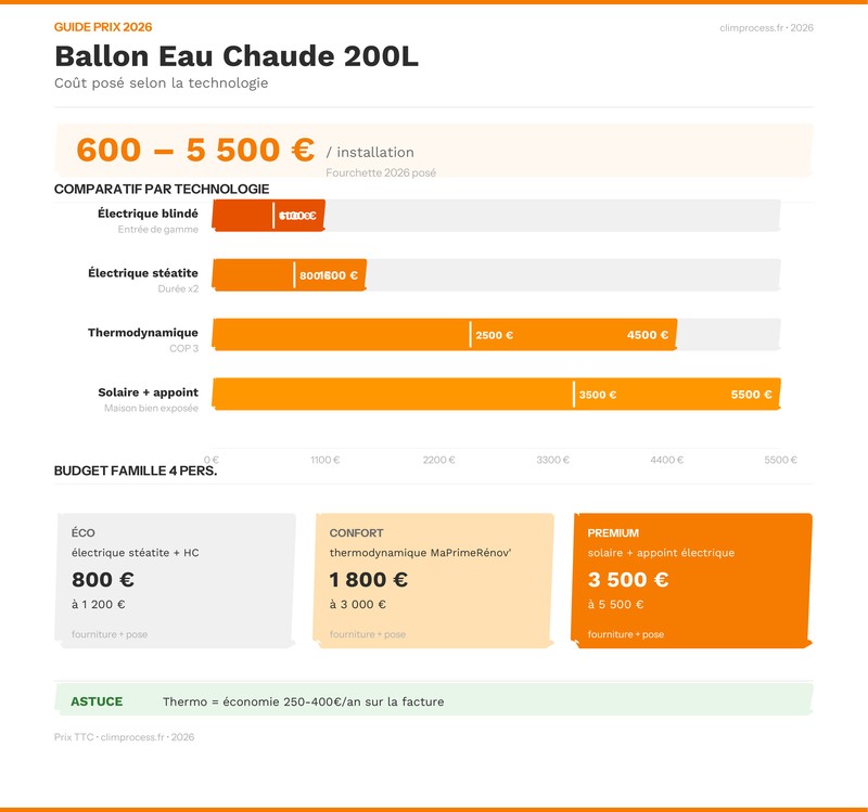Infographie comparatif prix ballon eau chaude 200L par technologie en 2026