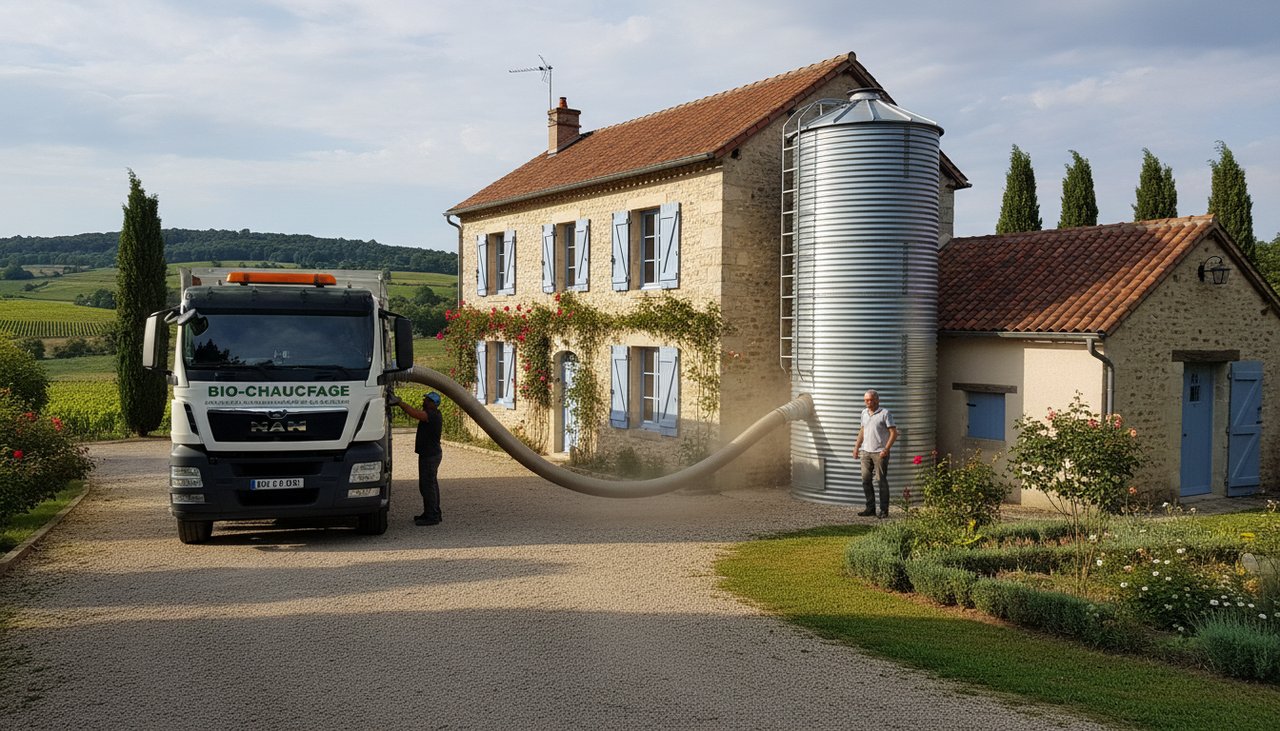 Livraison de pellets en vrac dans un silo à chaudière à granulés via un camion souffleur