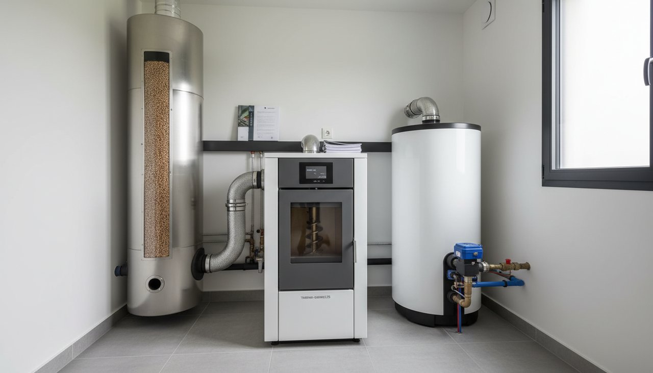 Chaudière à granulés moderne installée dans un local technique d'une maison individuelle avec silo à pellets visible