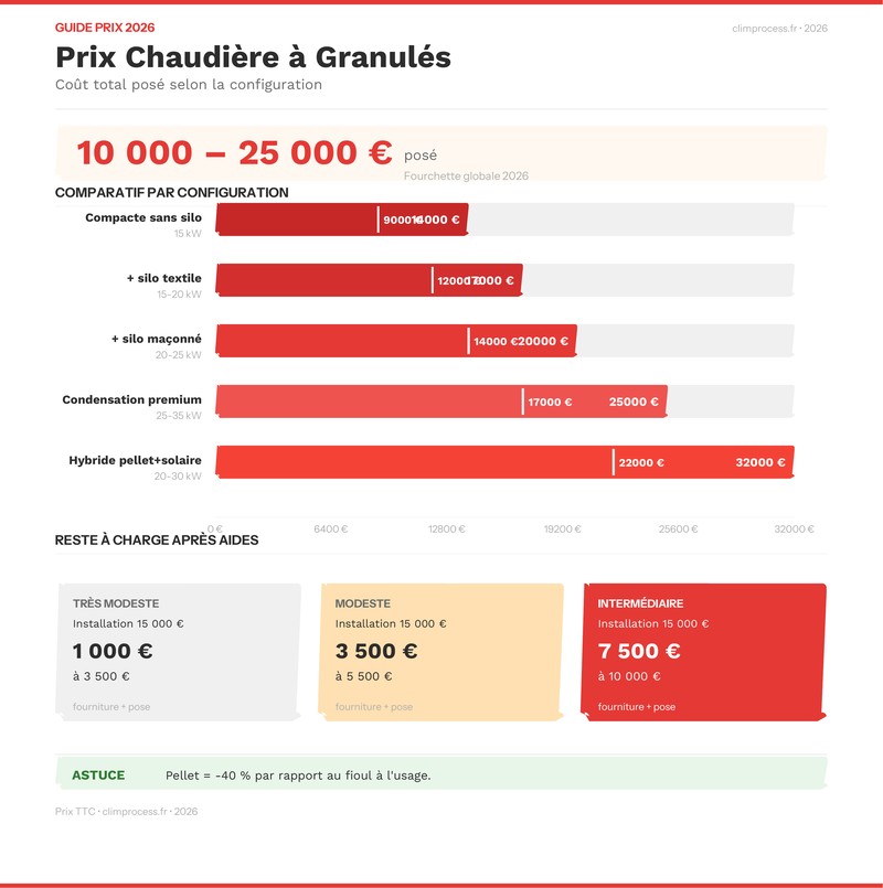 Infographie comparant les prix d'une chaudière à granulés selon la configuration en 2026