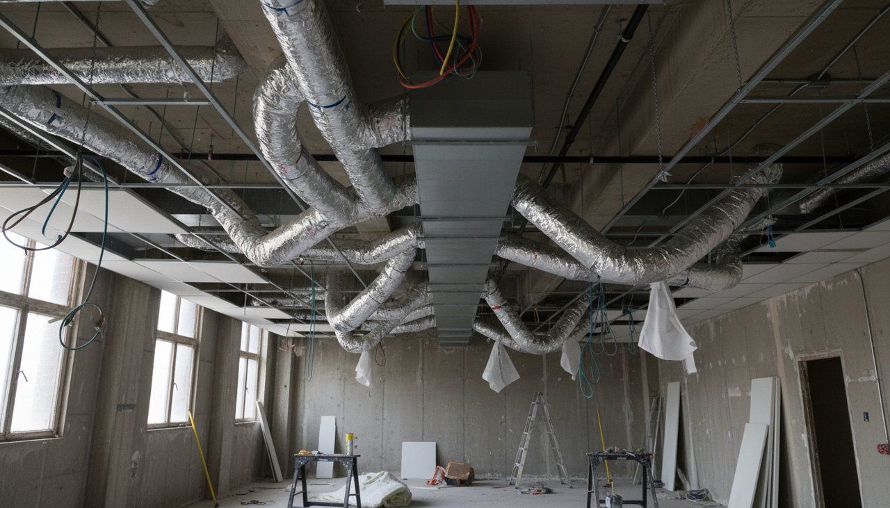 Réseau de gaines de climatisation gainable en cours d'installation dans le plafond