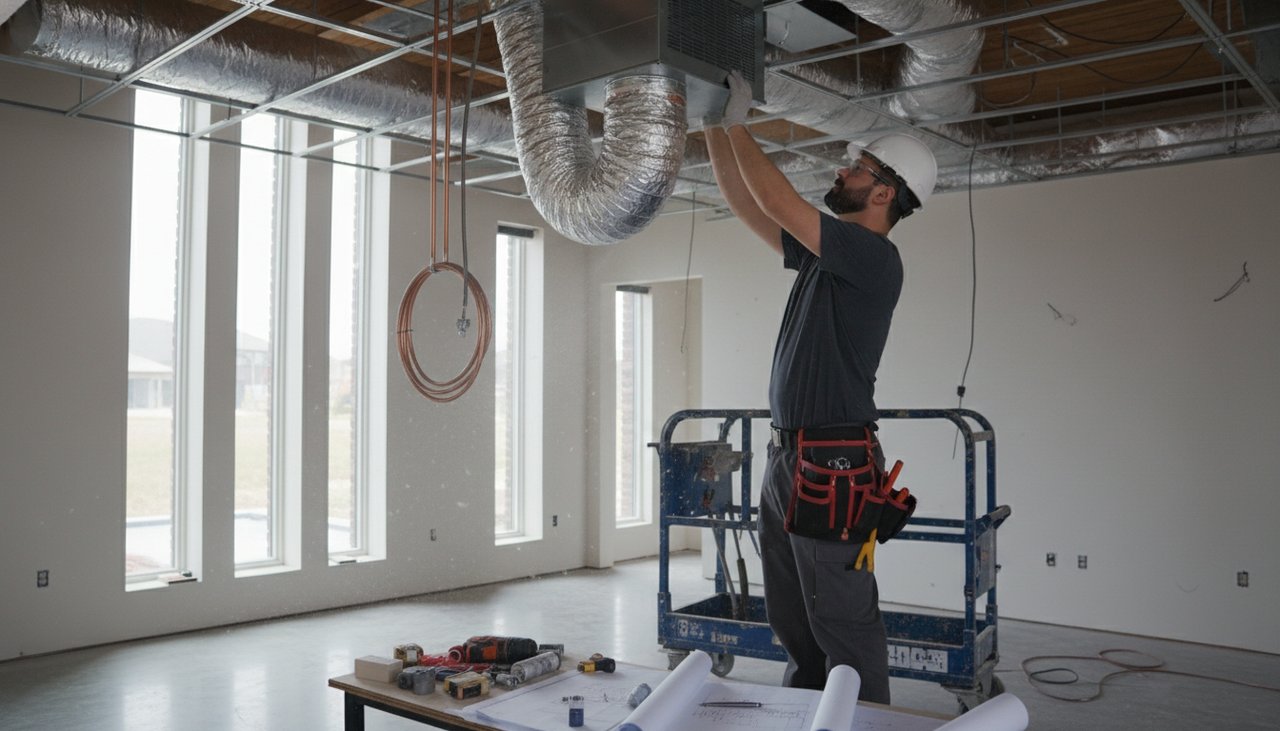 Installation d'une unité intérieure de climatisation gainable dans le faux plafond d'une maison