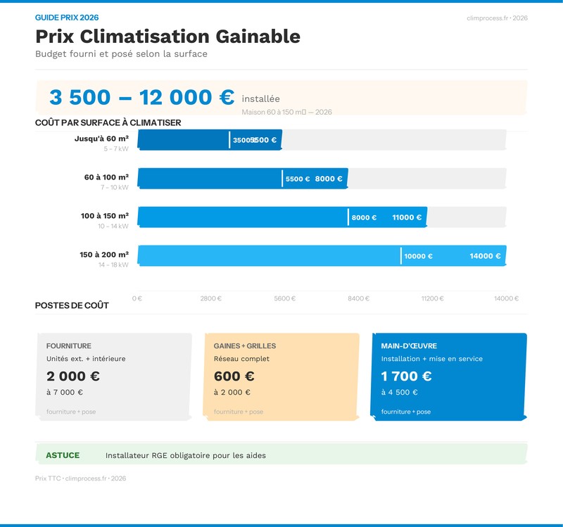Infographie prix climatisation gainable par surface de maison 2026