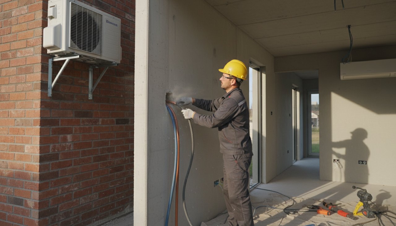 Schéma d'installation multi-split dans une maison de 100m², unité extérieure et 4 unités intérieures