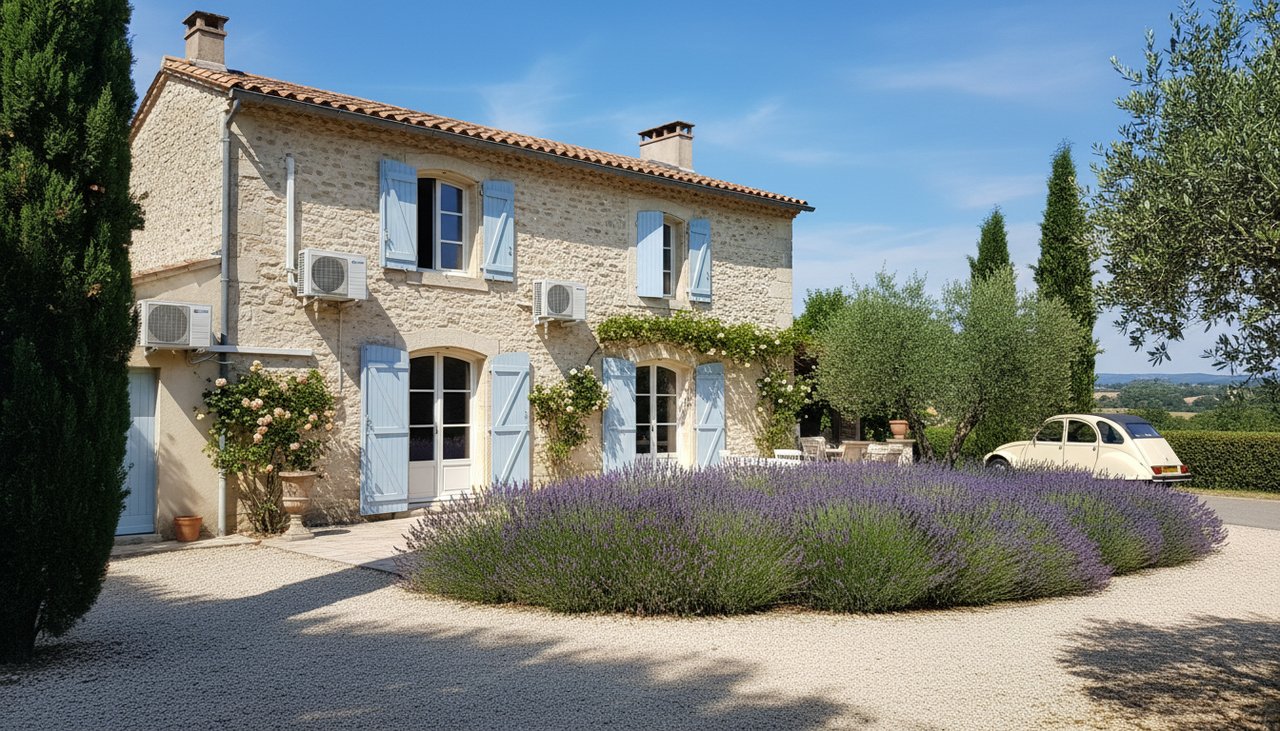 Maison individuelle de 100m² avec unités extérieures de climatisation installées sur façade