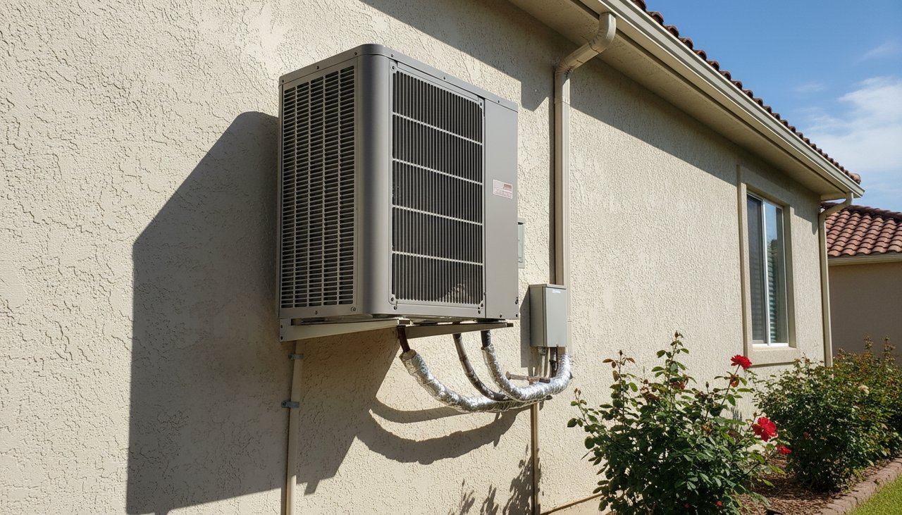 Unité extérieure de climatisation multi-split installée sur façade de maison, plusieurs connexions frigorifiques