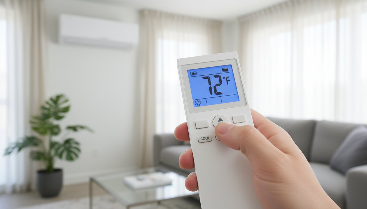 Télécommande de climatisation réversible en main, affichage température et mode chaud/froid