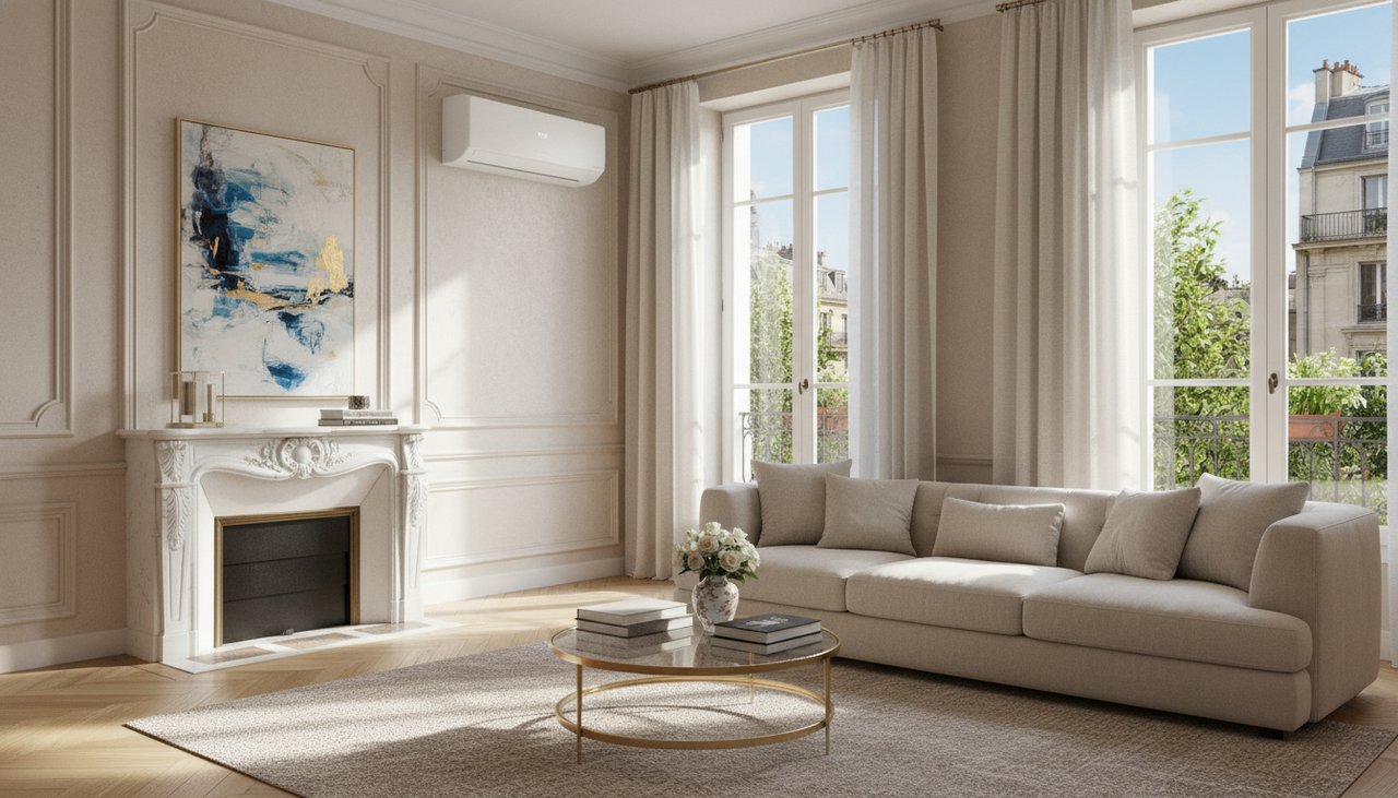 Unité intérieure de climatisation réversible mono-split installée sur mur blanc dans salon moderne