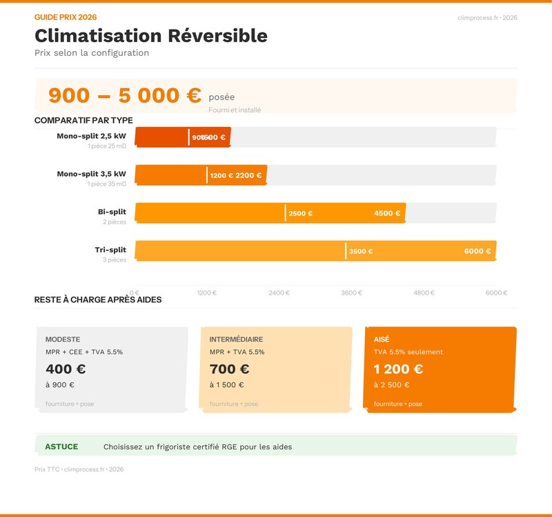 Infographie prix climatisation réversible et aides disponibles 2026