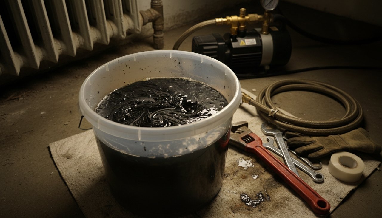 Eau noire de désembouage récupérée dans un seau lors d'une intervention