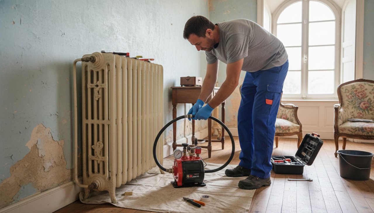 Chauffagiste branchant la pompe à désembouage sur un radiateur en fonte