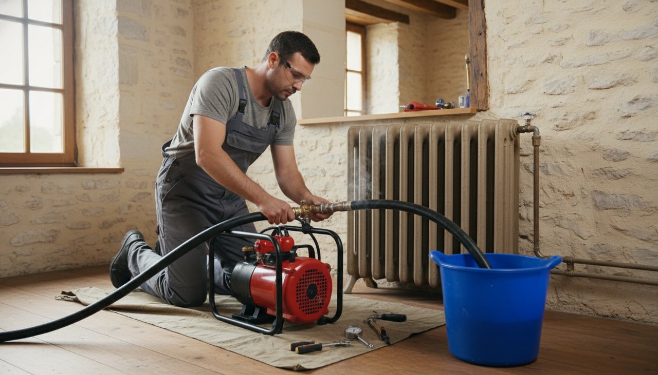Désembouage d'un circuit de chauffage par un chauffagiste avec pompe et tuyau