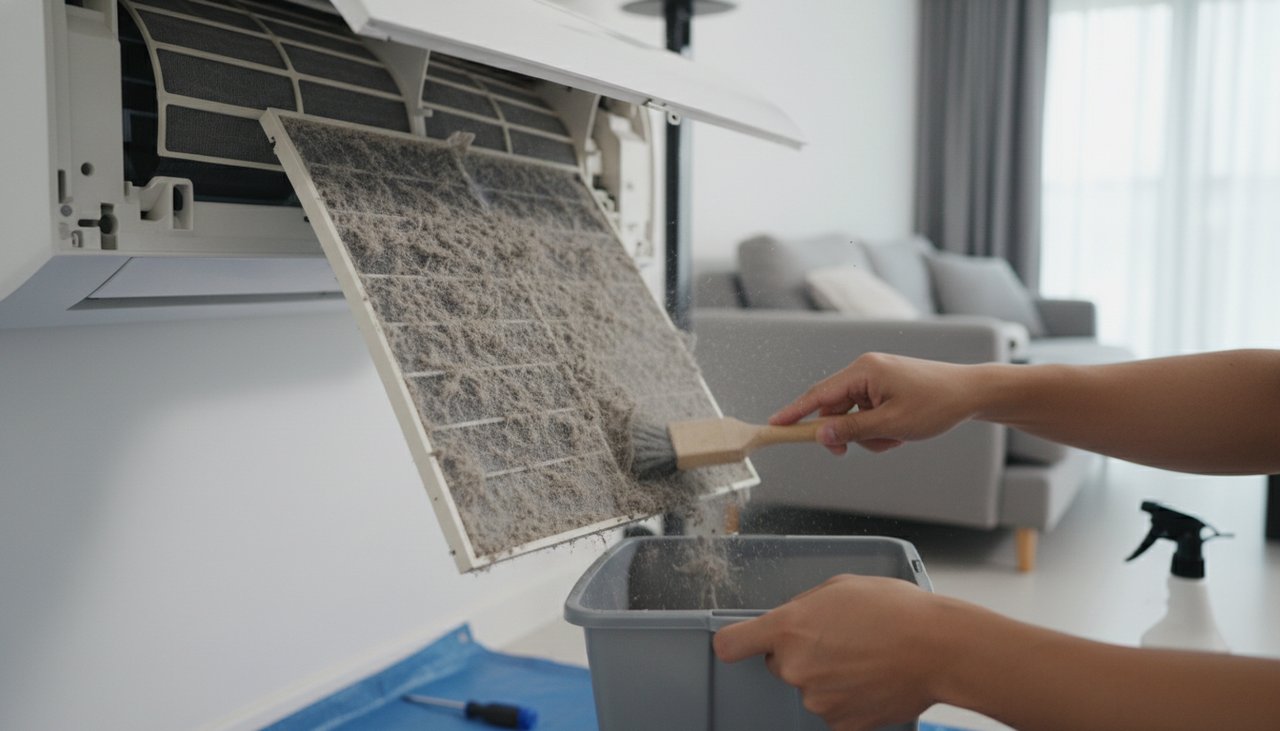 Nettoyage professionnel des filtres d'une unité intérieure de climatisation split