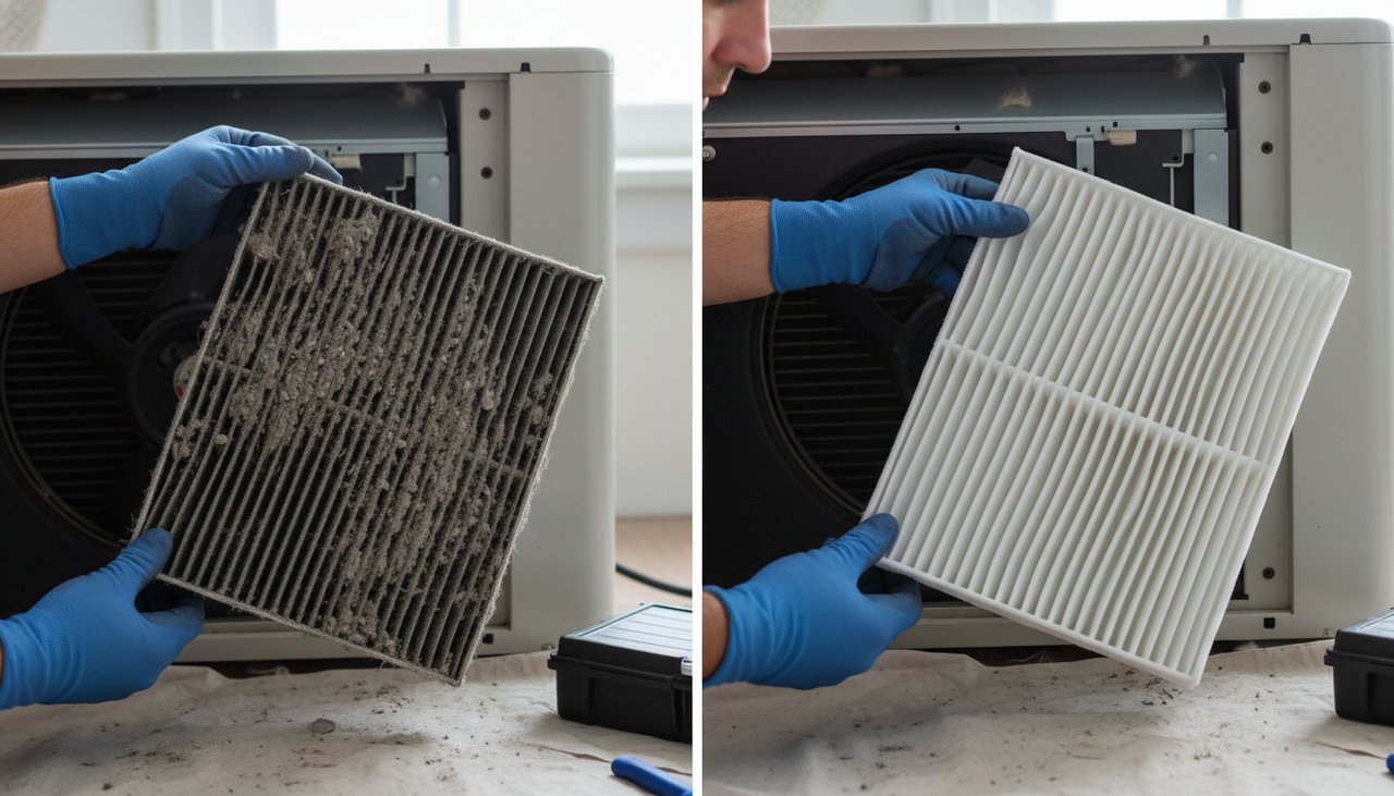 Technicien climatisation avec carnet d'entretien remplissant le rapport d'intervention après maintenance