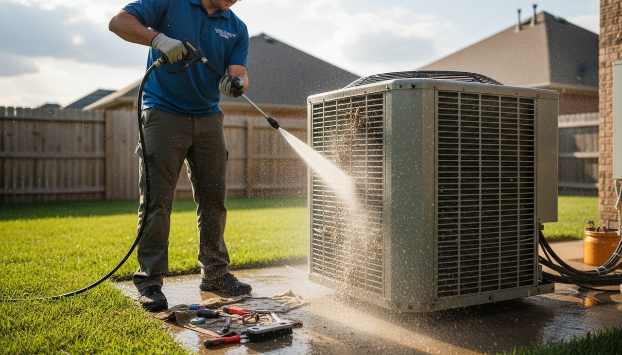 Unité extérieure de climatisation multi-split sur façade de maison, nettoyage du condenseur