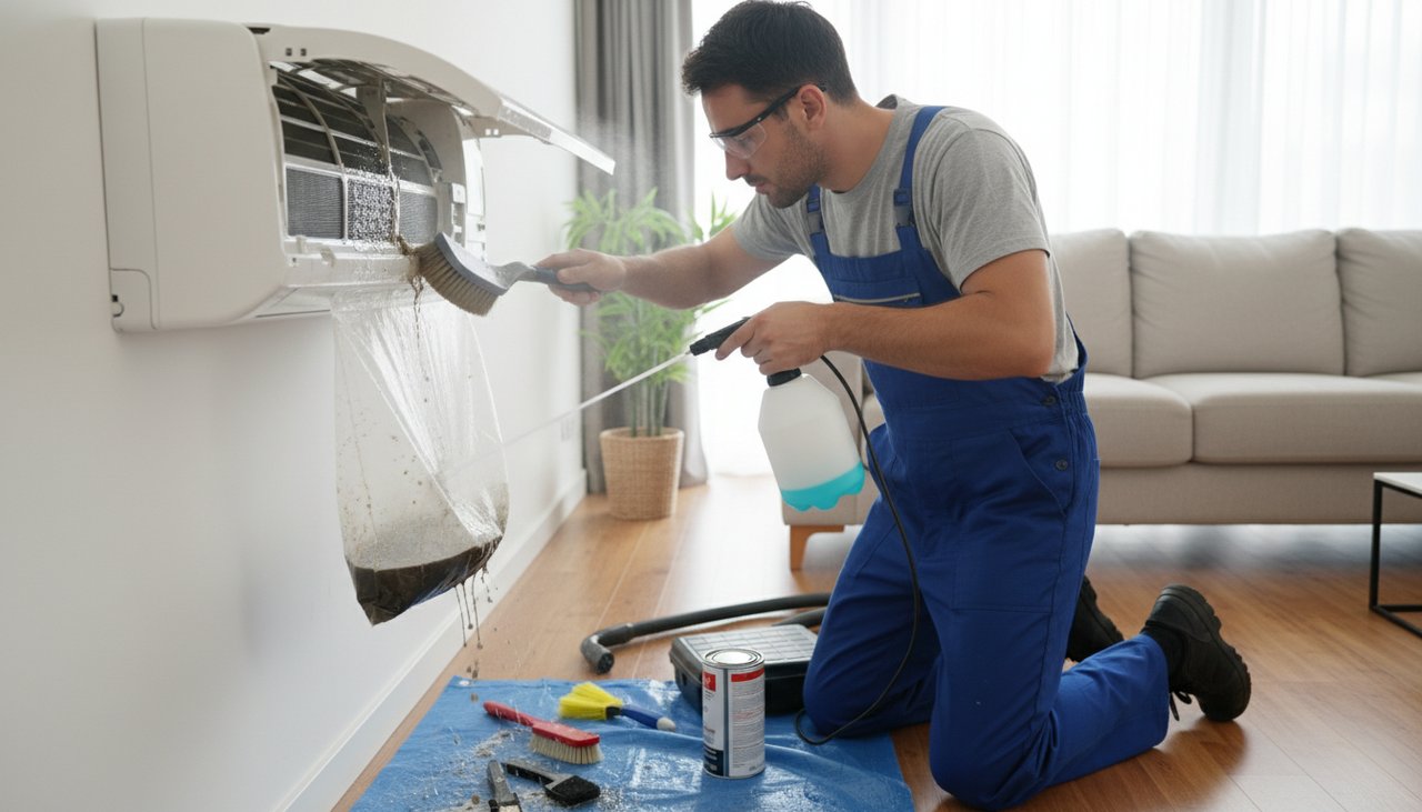 Nettoyage professionnel au nettoyant désinfectant de l'évaporateur d'une unité intérieure de climatisation