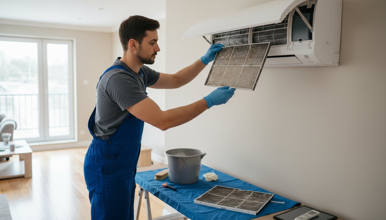 Technicien HVAC effectuant l'entretien annuel d'une climatisation murale intérieure