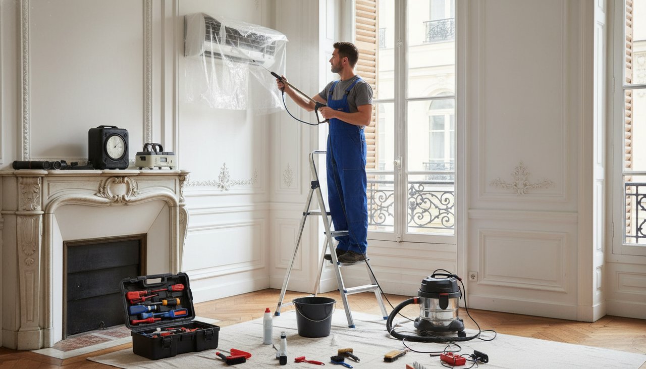 Technicien HVAC nettoyant les filtres d'une unité intérieure de climatisation murale dans un salon