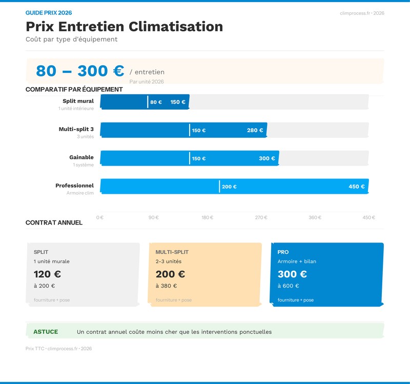 Infographie : Prix entretien climatisation par type d'équipement 2026