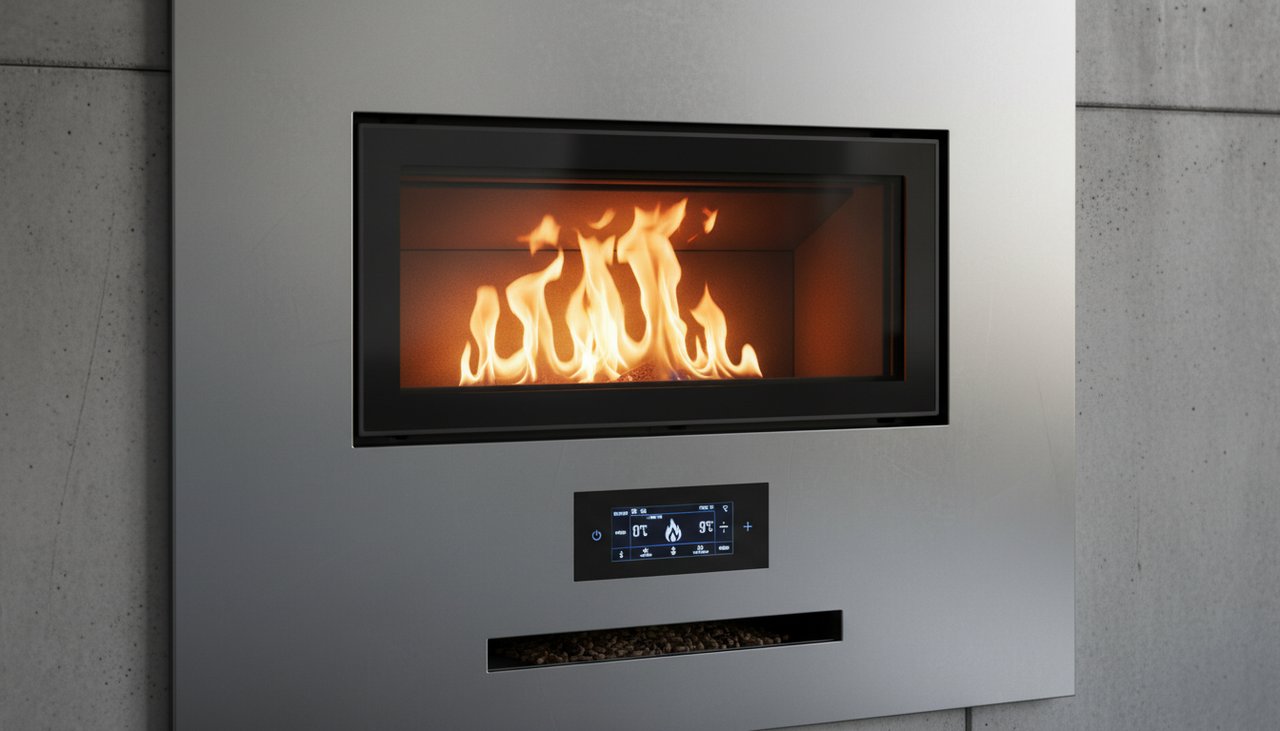 Détail d'un insert à granulés dernière génération avec écran de contrôle et flamme visible