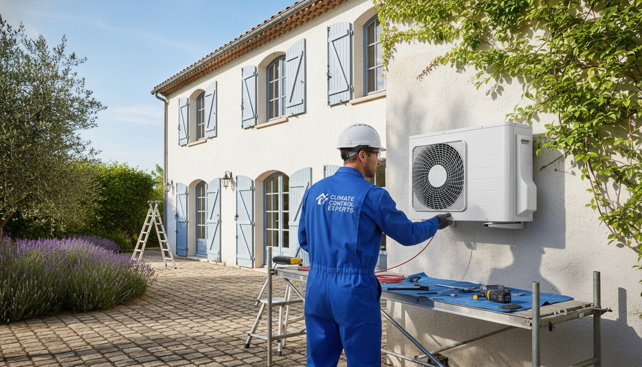 Technicien HVAC qui installe une climatisation sur un mur extérieur