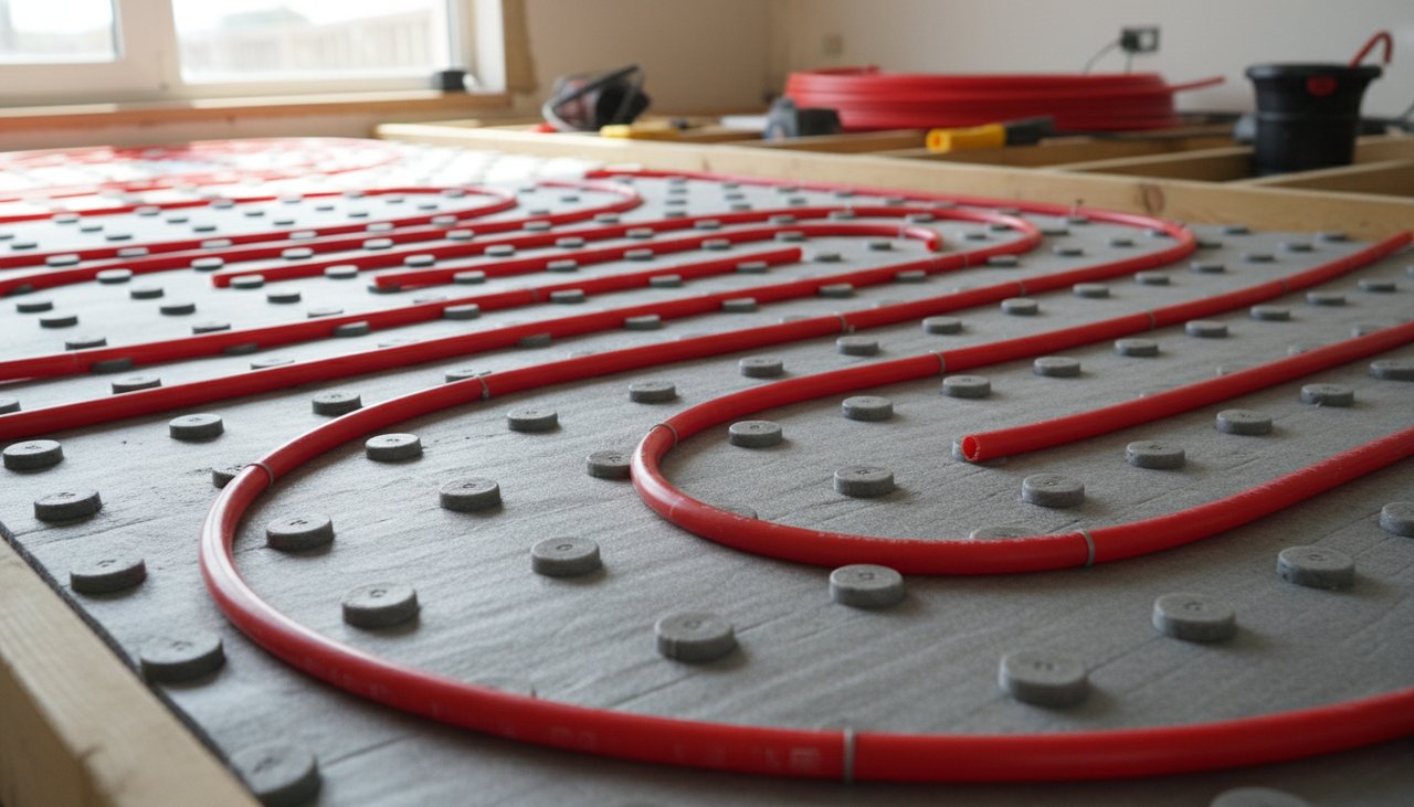 Tubes PER d'un plancher chauffant hydraulique fixés sur panneau isolant à plots