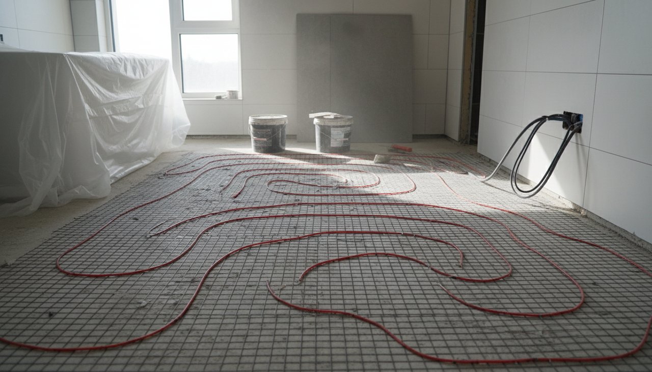 Câbles d'un plancher chauffant électrique en trame prêt à être recouvert de colle