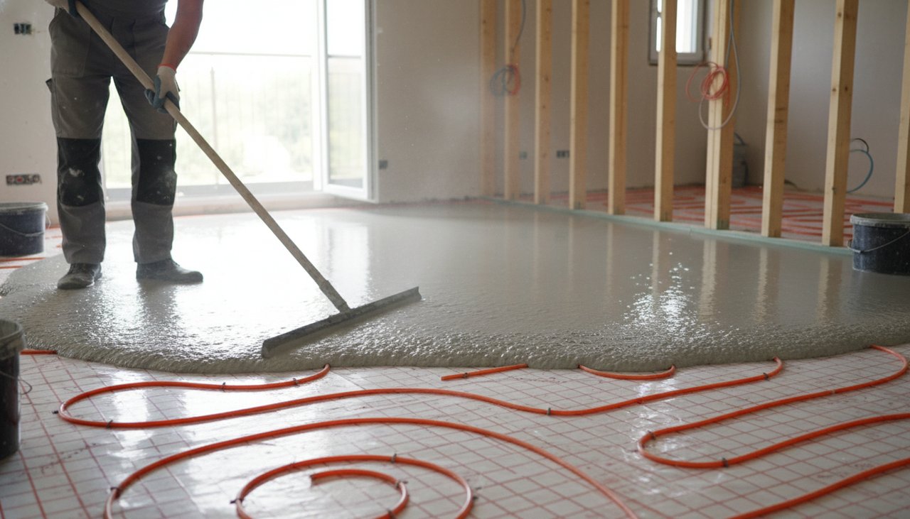 Coulage d'une chape fluide sur un plancher chauffant hydraulique en construction